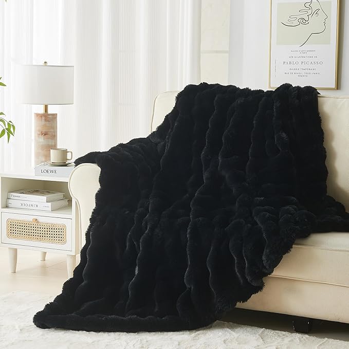 Lotus Karen Faux Fur Blanket - Black Twin Size, Big Bubble Rabbit Fluff, 60x80 Inches