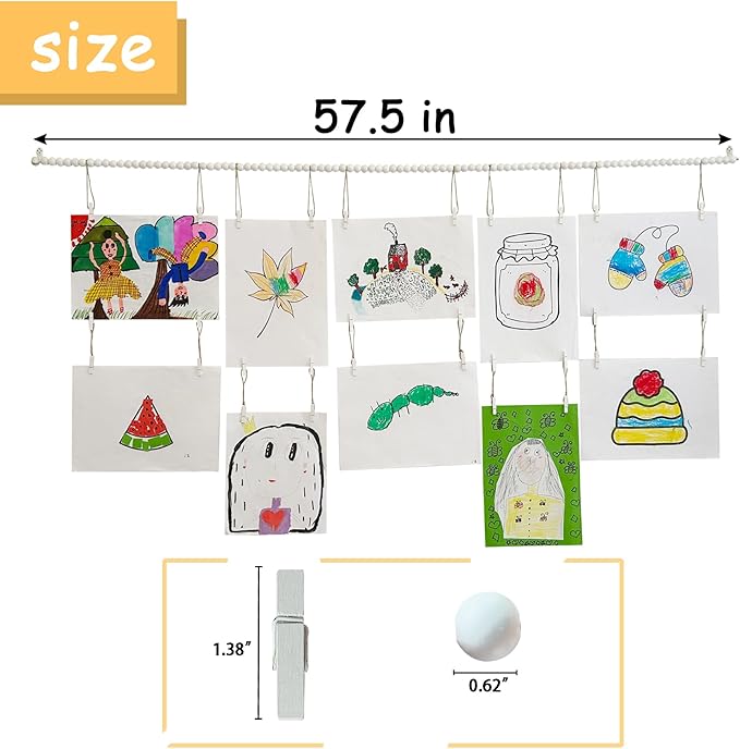 Art Display for Kids Artwork,Hanging Photo Display with 36 Clips, Boho Wooden Beads Kids Art Frame Display Holder for Classroom, Bedroom Wall Decor (White)