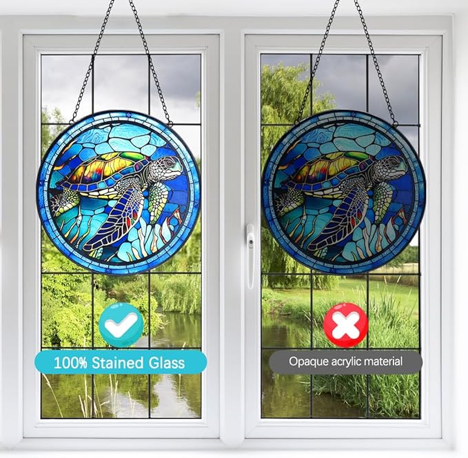 Stained Glass Turtle Suncatcher Window Hanging - Handmade Sea Turtle Suncatchers for Windows with Hooks - Sea Glass Wall Art Home Decor Outdoor Garden Sun Catcher - Birthday Gifts for Mom Grandma
