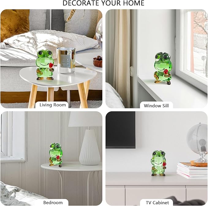 Crystal Frog Figurine with Red Rose - Art Glass Animals Desk Decor & Home Office Ornament, Handmade Glass Collectible Gifts