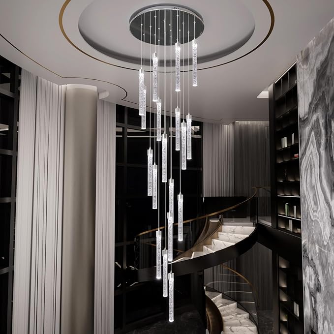 H138 High Ceiling Chandeliers for Foyer 12 Lights Crystal Bubble Column Chandelier for Living Room and Dining Room LED Pendant Lighting