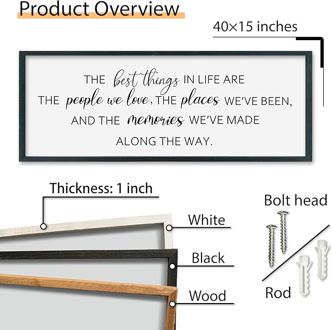 SRSZHIYUE The Best Things in Life Sign Wall Decor Art 40"×15" for family Home Bedroom Adventure Large Wood Framed Wall Hanging (Black)