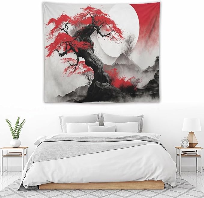 Cherry Blossoms Tapestry,Japanese Red Landscape Asian Watercolor Abstract Art Tapestry,Japanese Wall Tapestry, Nature Landscape Tapestries for Bedroom Living Room Decor 60"x50"