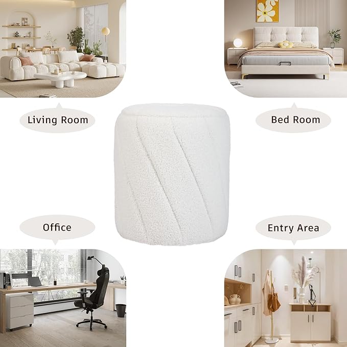 Modern Round Ottoman 2Pcs, Spiral-Tufted Foot Stool Ottoman, Teddy Fleece Upholstered Vanity Stool for Makeup, Bedroom, Living Room, White