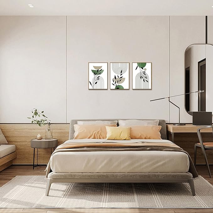 Bwodke Boho Wall Art, Framed Abstract Wall Art, Line Plants Leaf Canvas Wall Decor, Mid Century Sage Green Geometric Pictures Set of 3, Minimalist Paintings, for Bedroom Living Room Bathroom 12"x16"