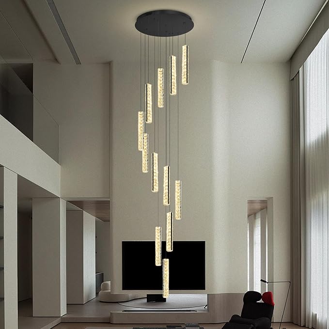 Long Spiral Crystal Chandelier Lighting for Foyer 12-Light Black Staircase Chandelier High Ceiling Slopped LED Dimmable 2700K-6000K
