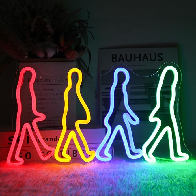 Rock Band Neon Sign Four People Walking Neon Lights for Bedroom Music LED Sign Abbey Road Wall Art Light Up Sign for Game Room Man Cave Decor Rock Music Fans Gifts