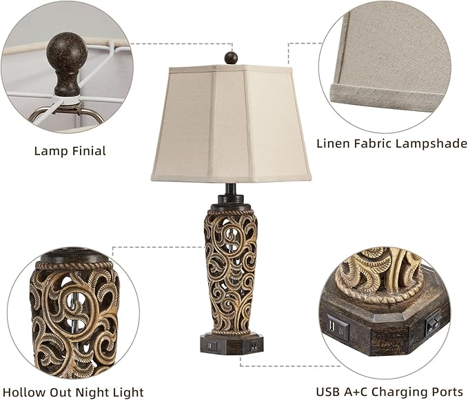 27" Set of 2 Farmhouse Table Lamps for Living Room with USB A+C Ports, Vintage Nightstand Bedroom Lamp and Nightlight, Hollow Out Resin Desk Lamps, 2 Bulbs Include