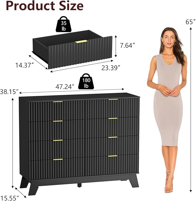 Fluted Dresser for Bedroom,8 Drawer Dresser for Closet,Storage Cabinet and Chest of Drawers with Gold Handle,TV Stand,Storage Organizer for Living Room,Hallway,Entryway,Black