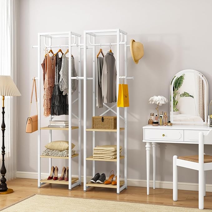 IBUYKE Coat Rack with Shelves, Freestanding Hall Tree with 3 Shelves and 8 Hooks, Industrial Clothes Stand for Entryway, Hallway, Bedroom, Natural UTMJ088R