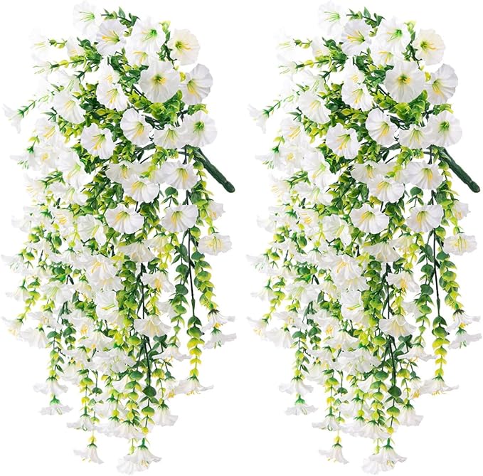 Ivydale 2 PCS Artificial Hanging Flowers Fake Plants Outdoor,Silk Morning Glory Faux Flowers with Eucalyptus Leaves,UV Resistant Realistic Mums Hanging Petunias Plants for Home Garden Decor (Beige)