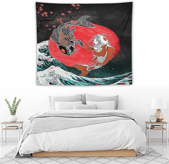 Houselerax Koi Fish Tapestries,Japanese Style Yin Yang Big Wave Cherry Blossoms Tapestry Wall Hanging for Bedroom Living Room Office Decor 60"x50"