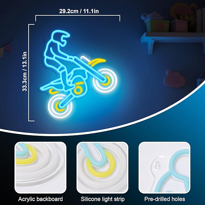 Dirt Bike Neon Signs for Wall Decor, Motercycle Neon Lights for Boys Bedroom Game Room Man Cave Garage Decor, 5V USB Power with Hanging Chain Hooks