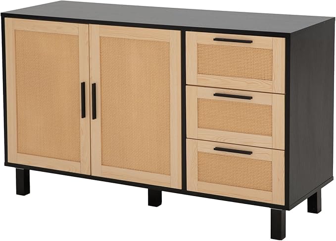 PHI VILLA Black Rattan Cabinet with Doors, Buffet Sideboard Cabinet with Drawers, 2 Door Storage Cabinets