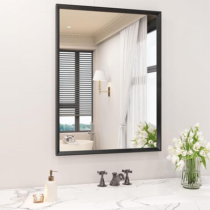 Rectangle Bathroom Mirror 28x36 Inch, Matte Black Framed, 4MM Tempered Glass, Anti-Rust, Wall-Mount Vanity Mirror for Bathroom & Bedroom, Hangs Horizontally or Vertically