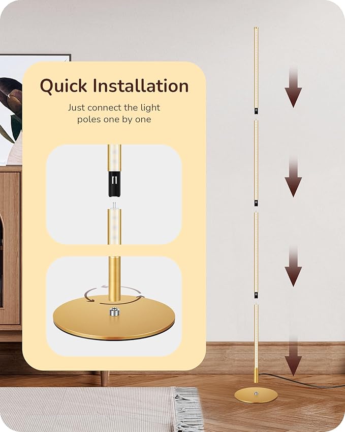 EDISHINE LED Corner Floor Lamp, Modern Slim Dimmable Light, Adjustable Height, 57.5" Minimalist Tall Lamp for Living Room, Bedroom, Office, 3000K Warm White Light (Gold)