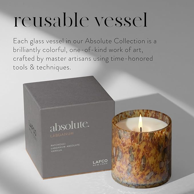 LAFCO New York Signature Candle, Labdanum - 15.5 oz - 90-Hour Burn Time - Reusable, Hand Blown Glass Vessel - Made in The USA