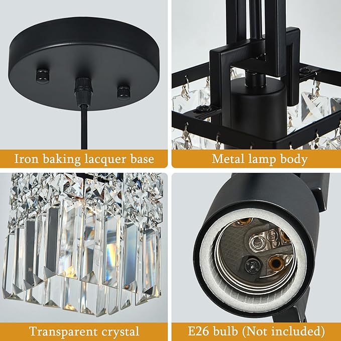 Modern Crystal Pendant Light Kitchen Island Farmhouse Lamp Adjustable Height Hanging Lighting Square Black Chandelier Suitable for Kitchen Island Dining Room and Bedroom(1Pack)