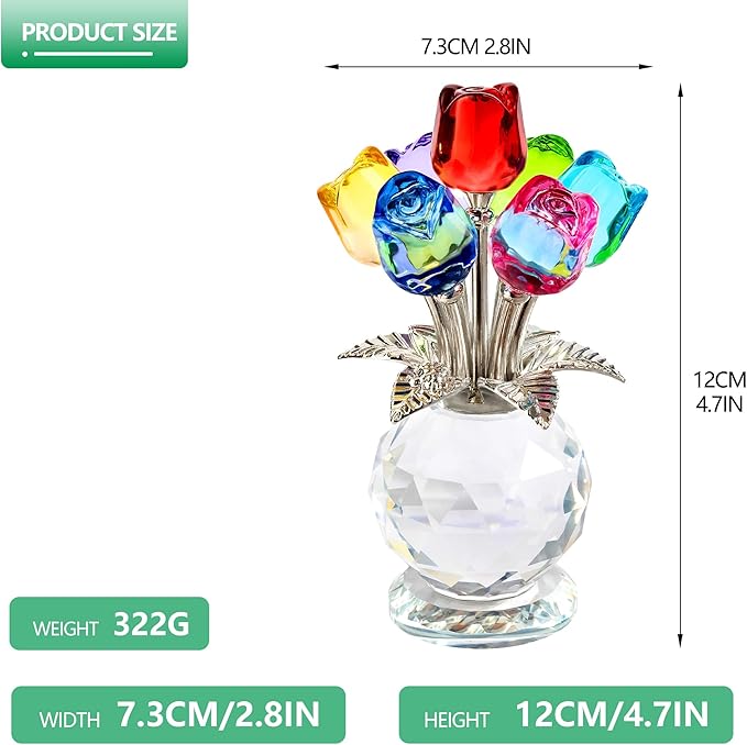 Crystal Colorful Rose Flower Collectible Figurine Glass Flowers with Vase Romantic Gifts for Wife Mom Women on Anniversary