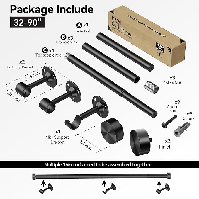 Heavy Duty Curtain Rods for Windows 20 to 86 inches, 1 Inch Diameter Adjustable Length Long Window Curtain Rod with Aluminium Finials, 60lbs Capacity