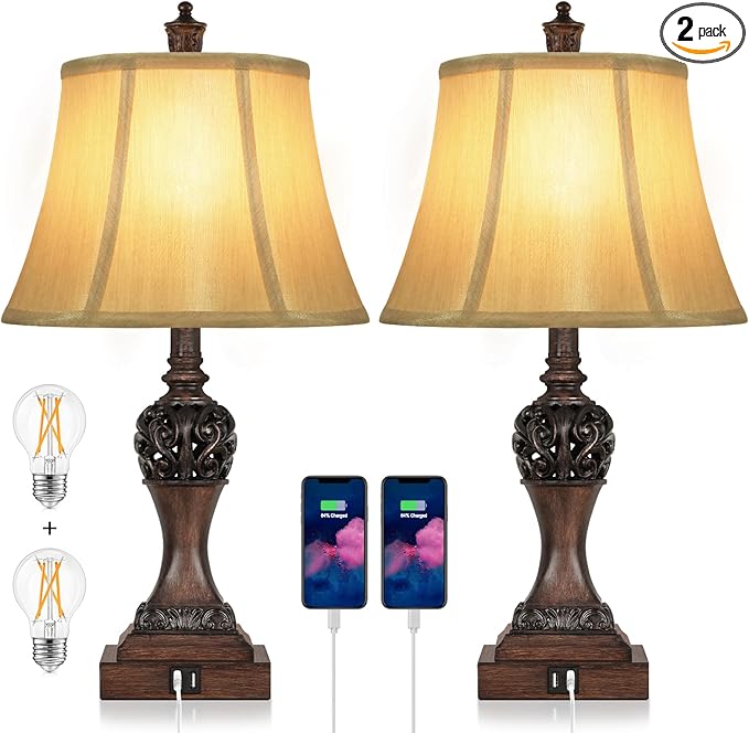 Set of 2 Touch Control 3-Way Dimmable Table Lamps with 2 USB Charging Ports Traditional Bedside Lamps with Bell Shape Faux Silk Shade & Brown Base for Bedroom Nightstand Living Room LED Bulbs Included