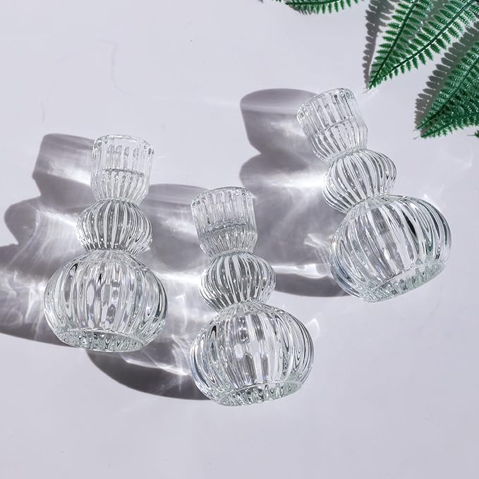 Woho Clear Ribbed Candlestick Holders 4.3" H Set of 6 for Wedding Table Centerpiece, Glass Taper Candle Holders for Holiday Home Decor, Vintage Candle Sticks Holder Decor for Thanksgiving Christmas