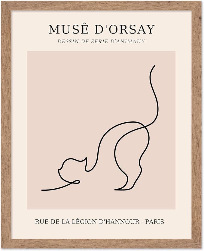 Poster Master Vintage Poster - Retro One Line Cat Drawing Print - Cat Art - Minimal Gift for Men, Women, Animal Lover - Abstract Wall Decor for Home, Office, Bedroom, 11x14 Beige Framed
