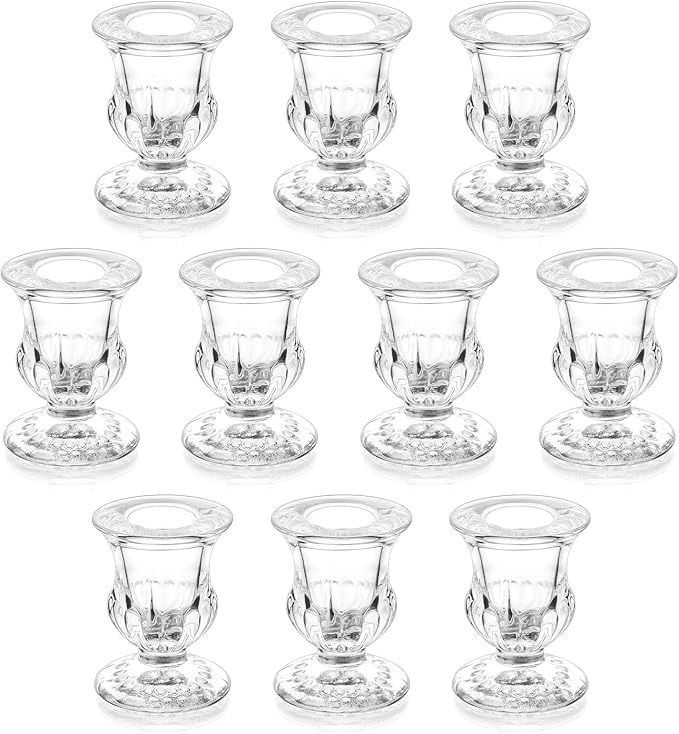 Romadedi Glass Taper Candle Holders - Set of 10 Clear Small Candlestick Holder Bulk, Thicker Glass Candle Sticks Set for Wedding Christmas Party Dining Table Table Centerpiece Decor
