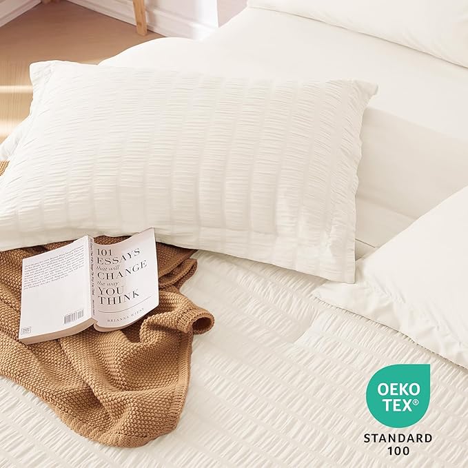 MUXHOMO 7 Pieces California King Comforter Set, Seersucker Bed in a Bag Cal King Size, All Season Luxury Bedding Set with Comforter, Flat Sheet, Fitted Sheet, Pillowcases & Shams, Ivory