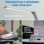 Mount-It! LED Desk Lamp with Wireless Charger and USB-C Charging Port, Dimmable Desk Lamp with 25 Brightness and Color Modes, for Home or Office, Adjustable Arm, Silver/White