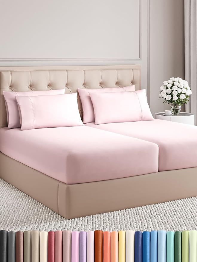 Split King Sheets Set 7 Piece - Includes 4 Pillowcases - Bed Sheets Split King - Soft Hotel Luxury Bedding - Cooling and Breathable - 1 Flat & 2 Fitted & 4 Pillowcases w/ Deep Pockets - Lavender Pink