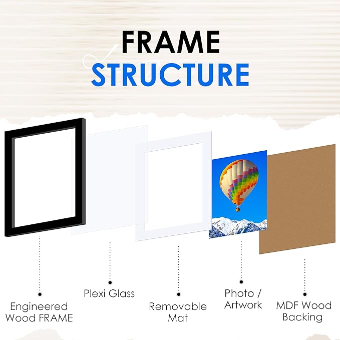 FIXSMITH 8.5x11 Picture Frame Set of 4, Photo Frame with HD Plexiglass, Display Pictures 6x8 with Mat or 8.5x11 Without Mat, Black Picture Frames Collage Wall Decor, Gallery Wall Frame