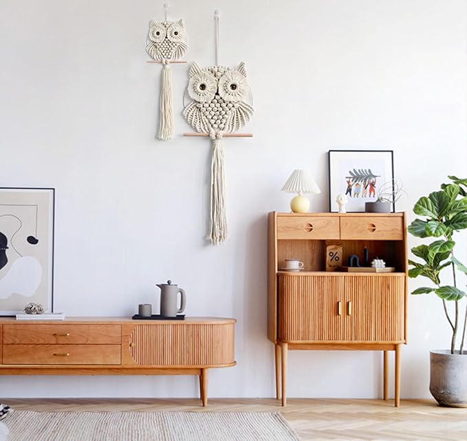 Owl Macrame Wall Hanging-Hand Woven Boho Tapestry-Macrame Wall Decor -Owl Decor for Bedroom, Living Room, Nursery (Beige-Large)