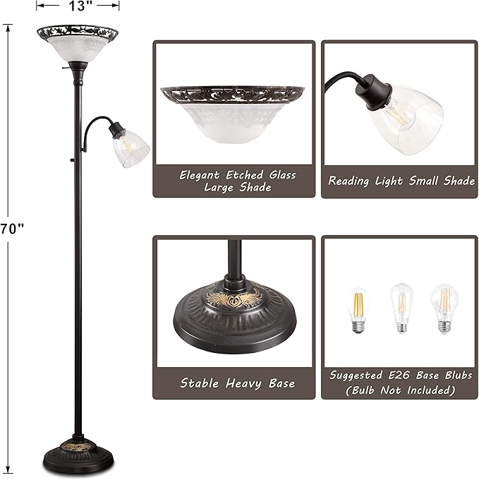 Floor Lamps for Living Room, 70" Floor Lamp Standing Torchiere Lamp with Etched Glass Shade, Metal Pole & Heavy Base, Vintage Tall Corner Lamp Decor for Bedroom, Living Room, Office. No Bulbs (2 Head)