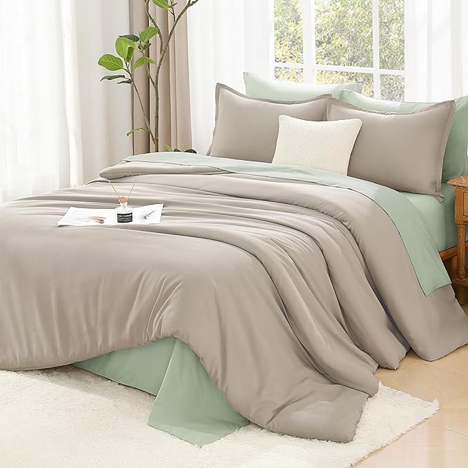 Litanika Oatmeal Comforter Full Size, 3 Pieces Lightweight Solid Bedding Comforter Set, All Season Fluffy Bed Set (79x90In Comforter & 2 Pillowcases)