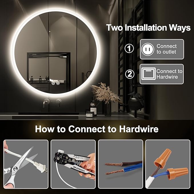 S·BAGNO 24'' Round Bathroom Mirror with Lights, LED Bathroom Vanity Wall Mirror with Anti-Fog, Stepless Dimmable, 3 Colors, Tempered Glass Lighted Vanity Smart Mirror for Bathroom(No Bluetooth)