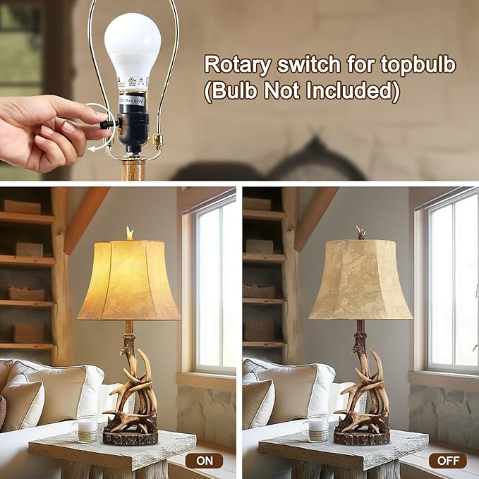 27.25'' Rustic Antler Table Lamps for Living Room with USB A + C Charging Ports Western Cabin Bedside Lamps for Bedroom Nightstand Lamps with Faux Leather Lampshade, Single, Bulb Not Included