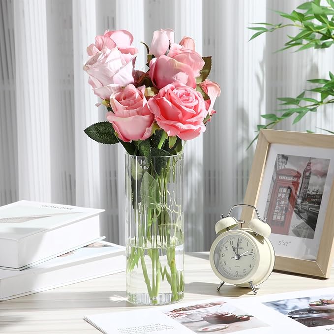 12 Pcs Glass Cylinder Vases for Centerpieces 8 Inch Clear Ribbed Tall Bud Vase for Centerpieces for Flower Wedding Decoration Floating Candle and Indoor Home Decor, Housewarming Gift