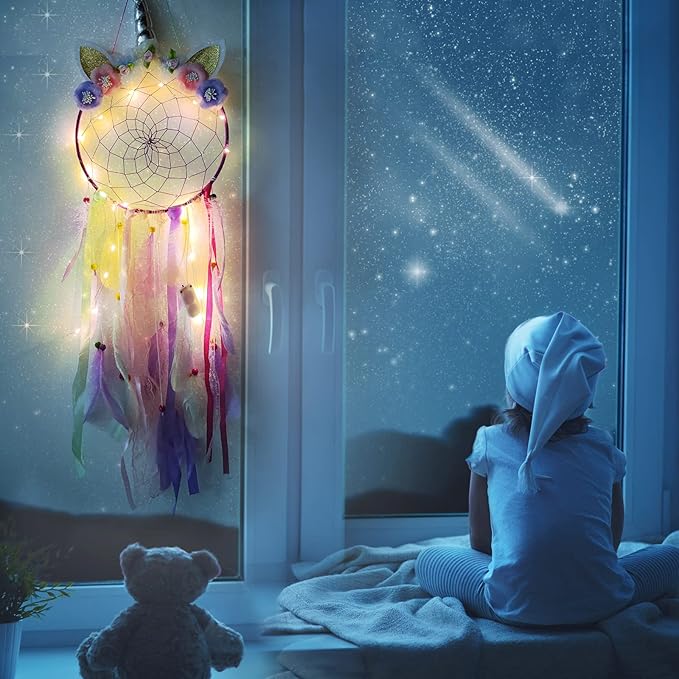 LED Lighted Up Unicorn Dream Catcher Wall Decor Colorful Feather Dreamcather Wall Hanging for Girls Kids Bedroom Decoration (Purple with Light)