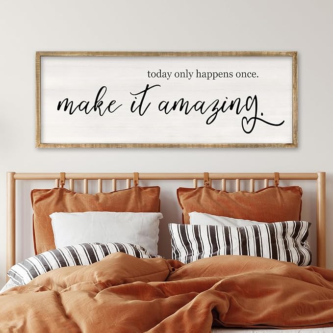 RLWangChao Today Only Happens Once Make It Amazing Wall Art Decor 40x15 Inch Large Inspirational Quote Sign Rustic Living Room Vintage Wood Frame Office Motivational Home Wall Hanging (Wood)