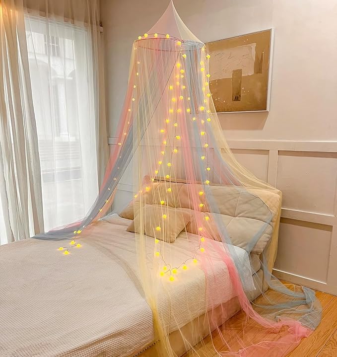 Comtelek Mosquito Net Bed Canopy for Girls,Rainbow Canopy with LED Lights Bed Curtains Full Queen Size from Ceiling,Dome Mosquito Netting Bed Tent Twin Girls Princess Canopy King Bed Decor