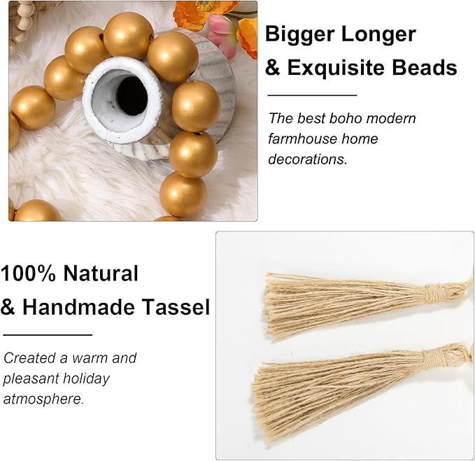 OMISHE 60" Long Extra Large Wood Bead Garland with 1.6" Diameter Wooden Beads and Tassels, Rustic Farmhouse Country Decorative Beads for Home Decor Tiered Tray Decor, Gold