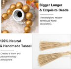OMISHE 76" Long Extra Large Wood Bead Garland with 1.6" Diameter Wooden Beads and Tassels, Rustic Farmhouse Country Decorative Beads for Home Decor Tiered Tray Decor, Gold