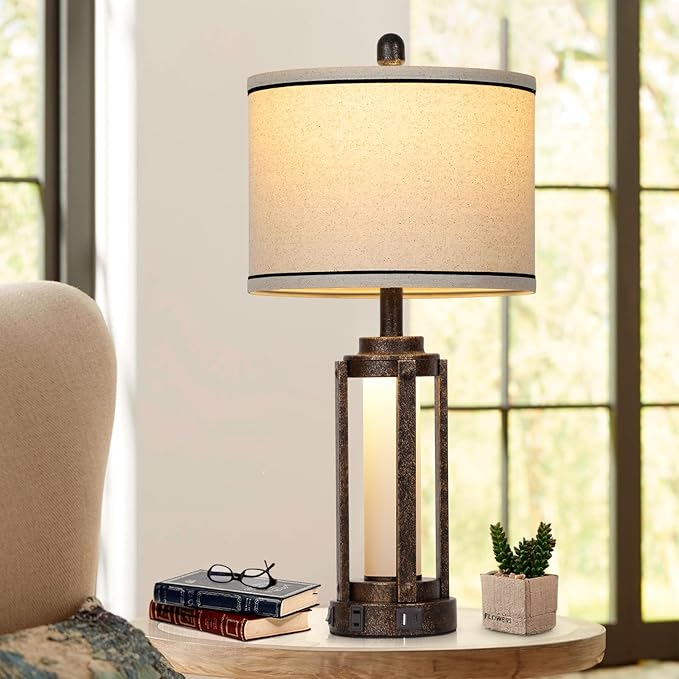 Farmhouse Lamps with USB A+C Charging Ports & AC Outlet, Rustic Vintage Industrial Table Lamps Metal Lamp with Glass LED Night Light & Beige Fabric Shade for Living Room Bedrooms Nightstand Bronze