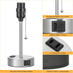 Black Table Lamp for Bedroom Nightstand - 3 Color Temperature Bedside Lamp with USB C and A Ports, Pull Chain Lamp for Bedroom with AC Outlet, Small Lamps Silver Metal Base for Kids Boys/Dorm Room