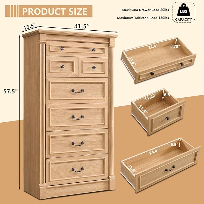 Farmhouse 7 Drawers Dresser for Bedroom, 57" Tall Large Dressers & Chests of Drawers w/Roman Column, Storage Dressers Organizer for Bedroom, Hallway, Living Room, Natrual