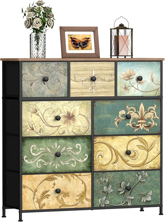Tohomeor Dresser with Drawers for Bedroom Chest of Drawers Fabric Dresser for Closet,Nursery Entryway Hall Tree TV Stand for Living Room Retro Floral Pattern Drawers Wooden Top (9 Drawers)