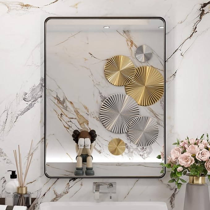 WEER Black Bathroom Mirror 24X32 Inch, Rectangular Black Metal Frame Mirror, Matte Black Bathroom Vanity Mirror with Tempered Glass, Rounded Corner, Anti-Rust (Horizontal/Vertical)