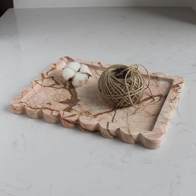 Natural Luxury Scalloped Marble Tray 10.8"x8", Rectangle Vanity Tray for Bathroom Kitchen Counter, Decorative Tray for Dresser Home Decor (Pink Marble)