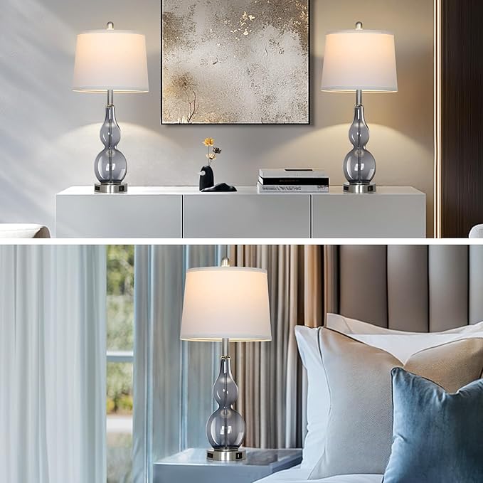 27.5" Gray Clear Glass Table Lamp Set of 2,3-Way Dimmable Touch Control Bedside Lamps with USB Ports and AC Outlet, Modern Nightstand Lamps for Bedroom Living Room
